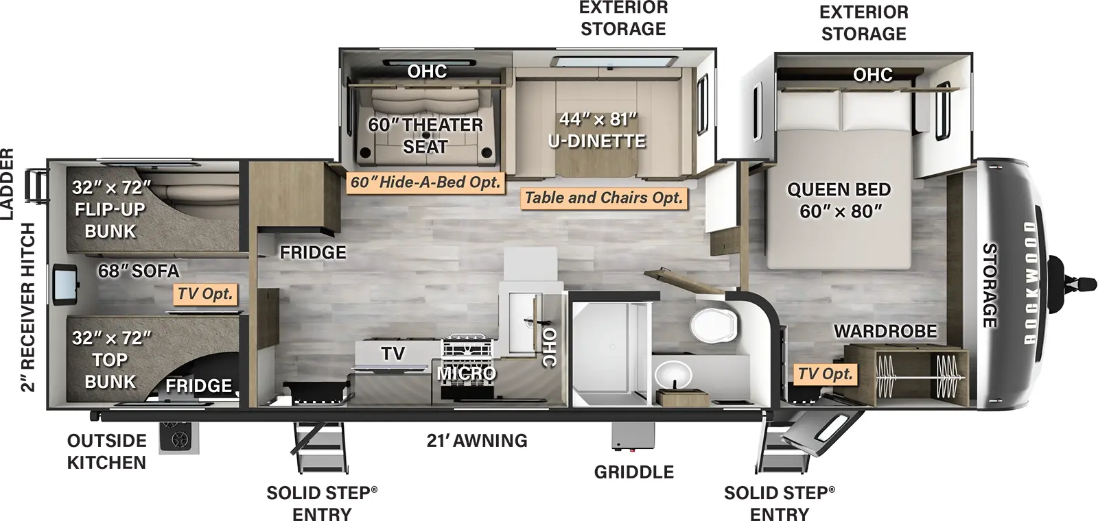 The 2911BS has two slideouts and two entries. Exterior features a 21 foot awning, solid step entries, outside kitchen with refrigerator, griddle, exterior storage, rear ladder, and 2 inch receiver hitch. Interior layout front to back: front storage, door side wardrobe and entry, and off-door side queen bed slideout with overhead cabinet (TV optional); door side full bathroom; off-door side slideout with u-dinette (table and chairs optional), theater seating (hide-a-bed optional), and overhead cabinet; kitchen counter with sink wraps along inner wall to door side with microwave, cooktop, overhead cabinets, TV, and second entry; off door side refrigerator; rear bunk house with off-door side flip-up bunk with sofa below, and door side top bunk with cabinet below (optional TV).